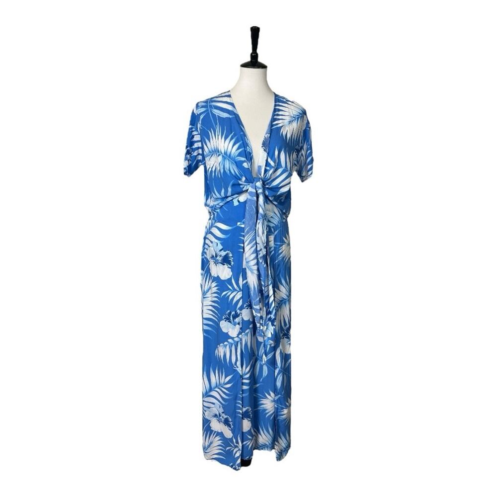 Favant Hawaii Pant Set Wrap Top Wide Leg Pants Blue Tropical Women’s Size Large
